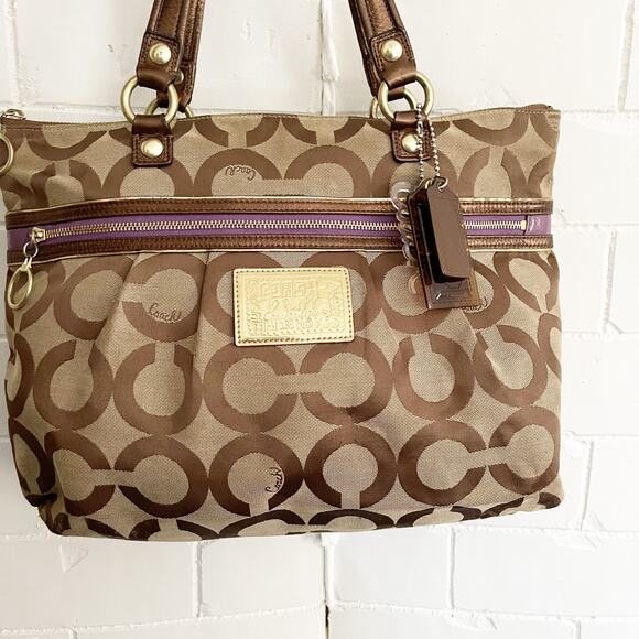 COACH Poppy Tote Shoulder Bag Signature CC Jacquard Purple Zipper - Picture 2 of 9